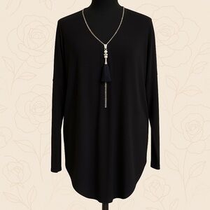 Tricotto Black Tunic Top XL Long Sleeve Zip Neck Tassel Detail Stretchy Blouse